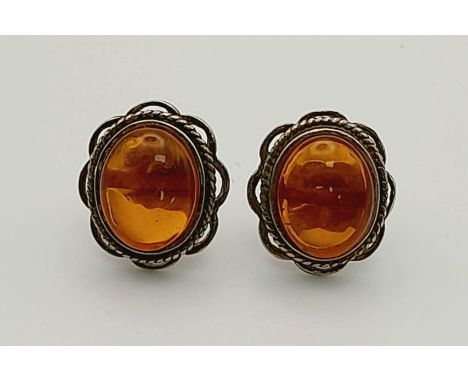 Sterling Silver Amber Stud Earrings Vintage Look 3.5g 