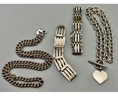 Two Silver Link Chains - 40 and 44cm, plus Two Ladder Link silver Bracelets -18cm. Total silver weight-83.46g. 