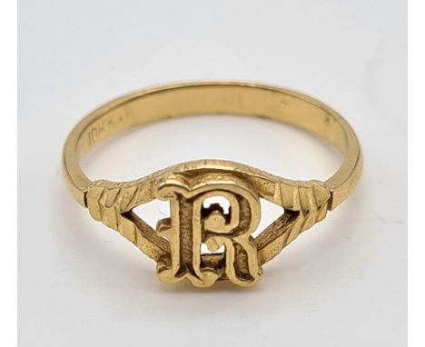 10K YELLOW GOLD VINTAGE INITIAL R RING, 1.3G SIZE J 