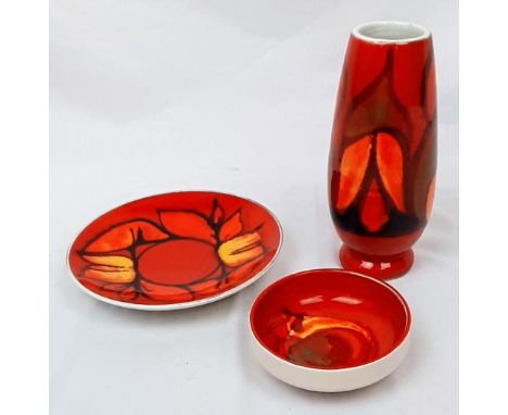 Three Vintage Pieces of Poole Pottery. Delphis design.Vase - 22cm. Plate 20cm diameter. Bowl - 12.5cm diameter. 