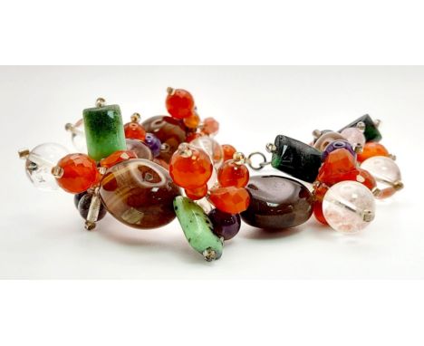 A Vintage Silver and Multi-Coloured Agate Gemstone Bracelet. 16cm. 