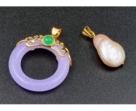 A Jade and a Baroque Pearl Pendant. Gilded backing.Jade size 30mm, pearl length 21mm 