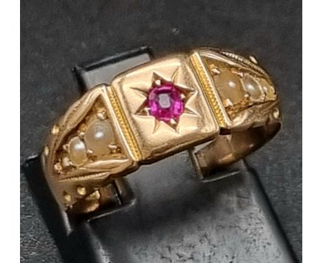 15k yellow gold ruby and pearl ring, size K1/2, total weight 2.7 grams 