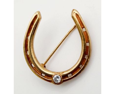 9K YELLOW GOLD DIAMOND SET VINTAGE HORSESHOE GOOD LUCK BROOCH 4.3G