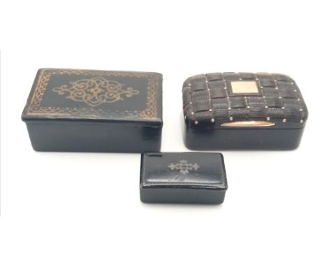 An Antique Victorian 9K Gold Tortoiseshell Snuff Box - Plus two others: The smaller one with silver inlay, the other gilded d