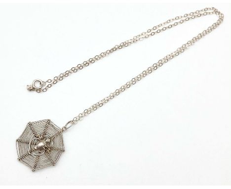 A Beautiful Vintage Silver Spider and Web Pendant on a Disappearing Silver Necklace. 22mm and 42cm 