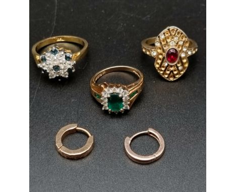 A 10K Yellow Gold Green and White Stone Ring.Size M. 3.5g - Plus two yellow metal and colourful stone dress rings - size p an