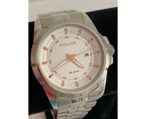 POLICE CHRONOGRAPH style Wristwatch in silver tone with white face. Full working order.Stainless steel bracelet. Condition as