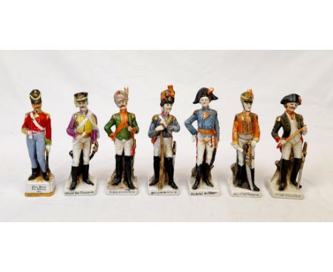 Seven Vintage Porcelain Napoleonic Figurines 22cm Tall Comprising 1. Grenadier de Garde, 2. Officer British Infantry 1815, 3.