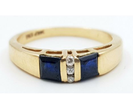 14K YELLOW GOLD DIAMOND &amp; SAPPHIRE 3 STONE RING. SIZE M 1/2. 3.4G 