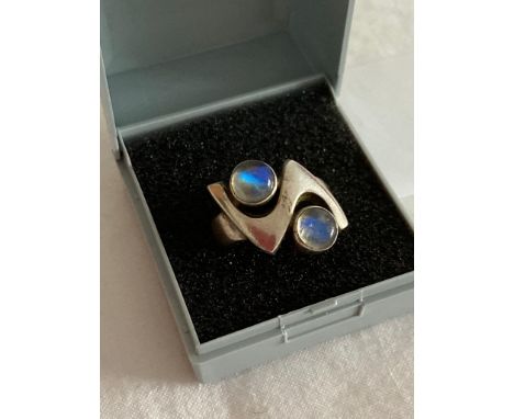 Vintage 1960s SILVER RING having diagonally set  moonstones in geometric mount. Vintage condition.Size Q 1/2. 