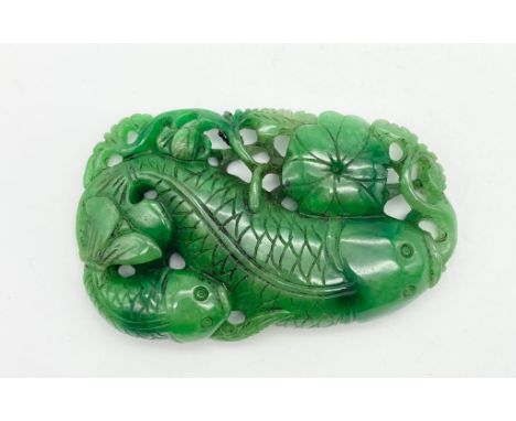 A Large Vintage Hand-Carved Jade Pendant. In the form of two koi carp. 9.5 x 6cm. 123g total weight. 