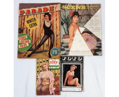 Four Vintage Adult Glamour Magazines: Scene, Parade, Silky and Foto - with a Betty Page spread. A/F 