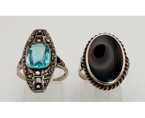 Two Well-Crafted Vintage Silver Gem Rings. Aquamarine and Black Onyx. Both size O. 9.4g total weight. 