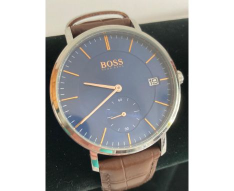 Genuine HUGO BOSS Gentlemans wristwatch, large blue face model with secondary dial and date window. Original Boss leather str
