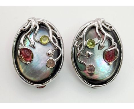 PAIR OF STERLING SILVER STONE SET CLIP ON EARRINGS, WITH MOTHER OF PEARL AND MULTI STONES INLAID  9.9G 