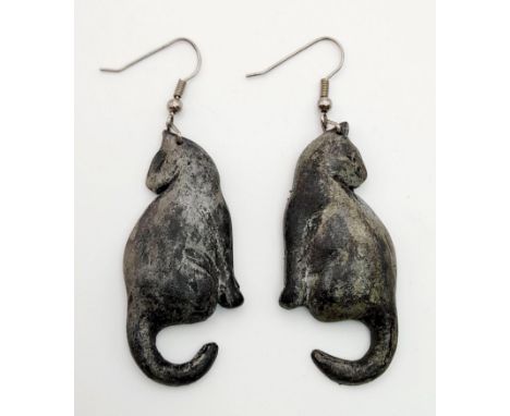 A Pair of Vintage Patinated Wood Cat Earrings. 5.5cm. 