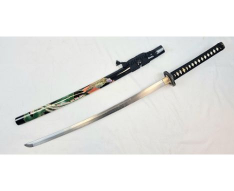 Excellent Condition Hand Forged Japanese Katana in Highly Decorated Wood Saya (Scabbard) Brass Tsuba and Real Ray Skin Leathe