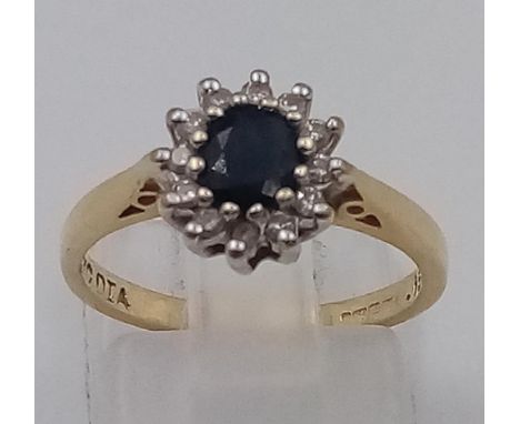 18K YELLOW GOLD DIAMOND &amp; SAPPHIRE VINTAGE CLUSTER RING 0.15CT SIZE K 2.8G 