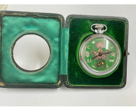 Vintage Masonic automaton pocket watch &amp; silver case rotating hour glass , working 