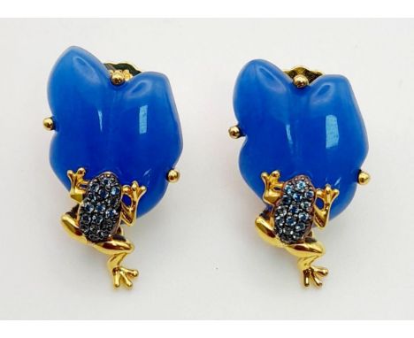 A Pair of 925 Silver Gilt Blue Jade Earrings. 9.2g total weight. 