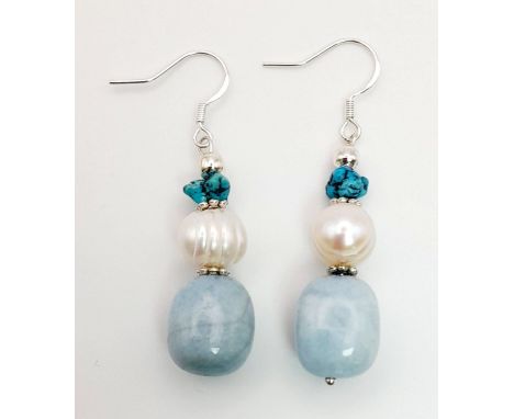 A Pair of 925 Silver Freshwater Pearl Aquamarine and Turquoise Earrings, 