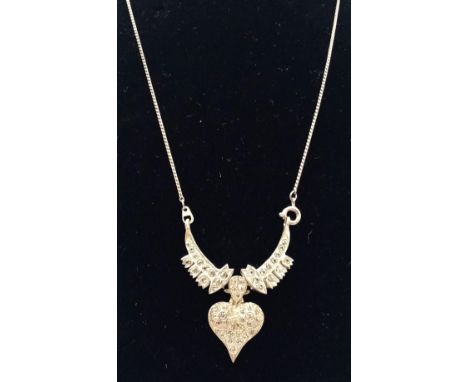 A Vintage Silver Disappearing Necklace with an Artistic White Stone Drop Pendant - Twin dogs with a heart. 40cm. 4.5cm. 12.7g