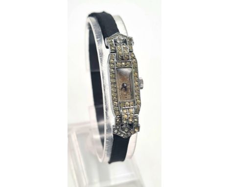 SILVER VINTAGE COCKTAIL WATCH - BLACK STRAP WITH BOX. IN WORKING ORDER. AF 