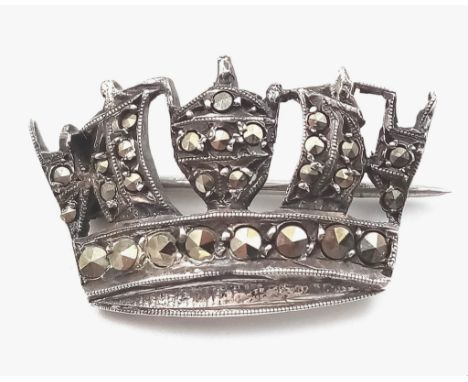 VINTAGE SILVER MARQUISITE SET CROWN BROOCH 5.5G 