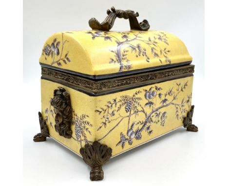 An Antique Wong Lee Hand-Painted Porcelain and Ornate Brass Large Trinket Box - Jewellery Casket. Yellow glaze with floral de