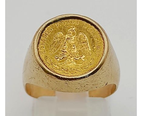 A 22k Gold Estados Unidos Mexicanos Coin Signet Ring. Coin is 22k gold - Ring is 9K gold. Size O. 6.26g total weight. 