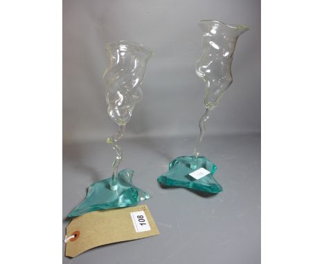 Danny Lane, two twist stem wine glasses on thick cut stylish glass bases. Signed to bases. 