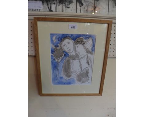 Marc Chagall, a lithograph from the Hiver suite 'Two Angels' in a light oak frame H:42cm W:36cm