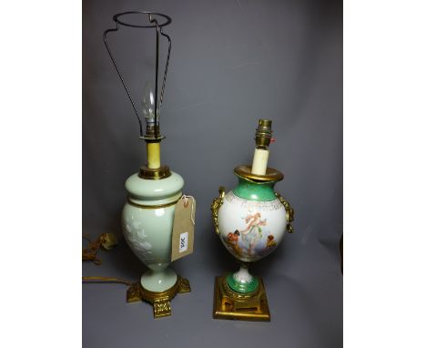 A pair of silvered metal table lamps together with a porcelain table lamp with gilt metal mounts (a/f) and a green ceramic ta