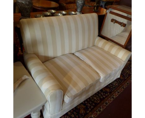 A Laura Ashley two seater sofa with beige and white stripe upholstery. H-85cm, W-136cm, D-83cm