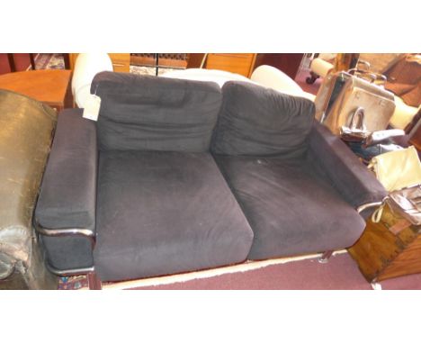 A contemporary Corbusier style chrome two seater sofa with black velour upholstery L 156cm 