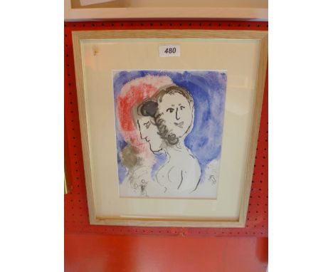 Marc Chagall, a lithograph from the Hiver suite 'Couple In Blue' in a light oak frame H:42cm W:36cm