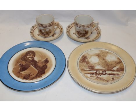 A selection of First War china including a pair of Grimwades Bruce Bairnsfather tea cups and saucers with humorous trench sce