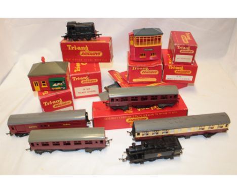 Tri-ang OO gauge boxed ticket office, boxed water tower, porter's signal box, Dock Authority shunter and others together with