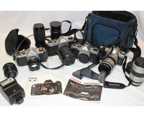 A Pentax MZ-30 camera, two Pentax K1000 cameras, Pentax Asahi camera, two telephoto lenses and a selection of various other c