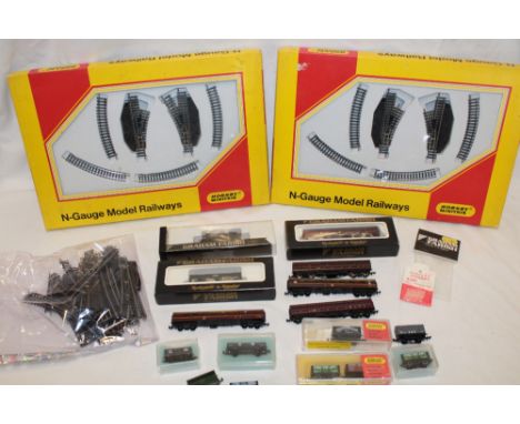 A selection of N-gauge railway items including two Hornby Minitrix boxed passing loop sets; boxed Graham Farish locomotive, b