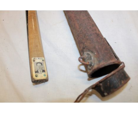 An old one-piece snooker/billiard cue, the handle inset with a plaque and portrait of Horace Lindrum in metal case