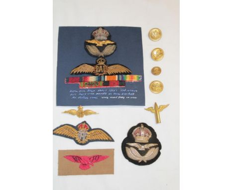 A selection of various RAF badges and insignia including 1920's Officer's cap badge and Pilot's wings with medal ribbon bar, 