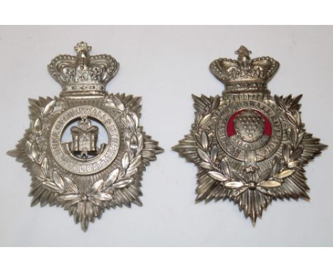 Two Victorian Ordinary Ranks white metal Cornwall Volunteers helmet plates including 2nd Bn. Cornwall Rifle Volunteers and 2n