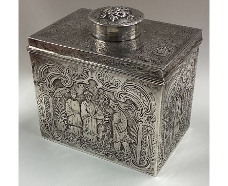 A rare Chinoiserie 18th Century George III silver tea caddy with lift-off cover. London 1786. By James Waters. Approx. 406 gr