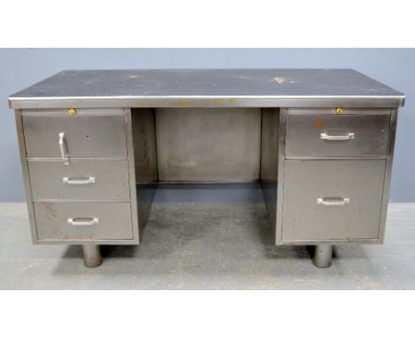 Vintage industrial steel desk, with five drawers and enamelled top, 76 x 150 cm