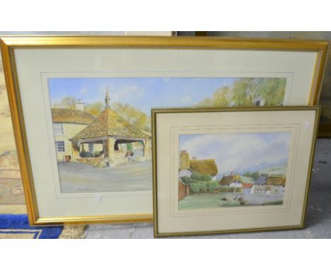 Watercolour depicting Wadworth featuring the White Hart, two other watercolours, Arthur Brook print 