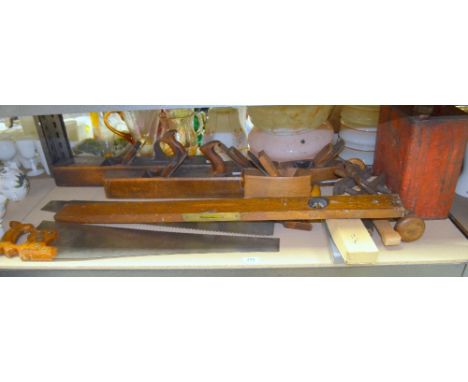 Selection of tools, five wooden planes, two saws, two braces and other sundry items