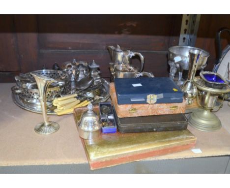 A selection of silver plated wares to include a Mappin & Webb tea service, circular tray and other items