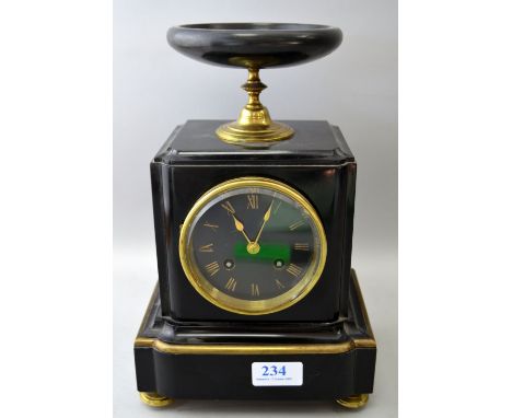 Black slate mantel clock with twin train movement and dish top, (keys),
